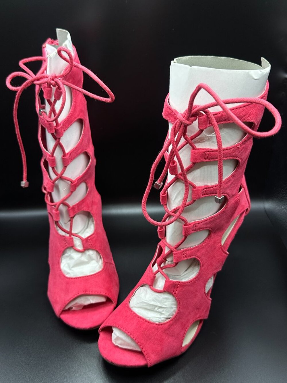 Wild Diva Hot Pink Suede Cutout Lace Up Stiletto Heel Booties Barbiecore Glam